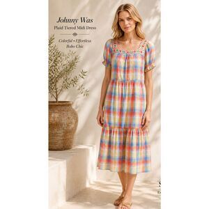 NWOT Johnny Was Rainbow Plaid Embroidered Cotton Midi Dress Boho Resort E45